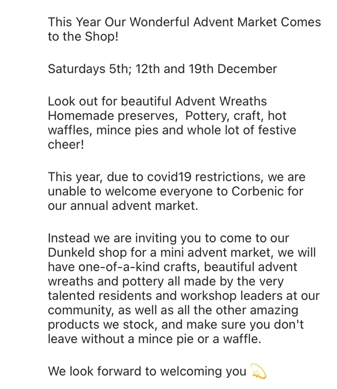 Advent Market at the Corbenic Shop, Dunkeld
