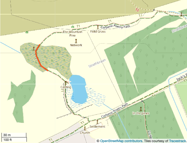 Map of the pond section of the Poetry Path showing the boardwalk area. Map courtesy of OpenStreetMap Contributors